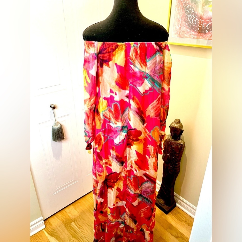 HF Moda Italia Floral Maxi Dress,Multicolour,Off Shoulder,Tie Sleeves ๐ธ๐บ๐ผ - Picture 5 of 16